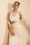 J By Jannat_Beige Satin, Chiffon, Shantoon Embroidery, Beads Pre-draped Saree With Blouse _Online
