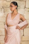 Buy_J By Jannat_Blush Satin, Chiffon, Organza Embroidery Pink Blouse And Pre-draped Saree Set _Online_at_Aza_Fashions