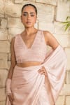 Shop_J By Jannat_Blush Satin, Chiffon, Organza Embroidery Pink Blouse And Pre-draped Saree Set _Online_at_Aza_Fashions
