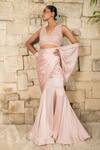 Shop_J By Jannat_Blush Satin, Chiffon, Organza Embroidery Pink Blouse And Pre-draped Saree Set _at_Aza_Fashions