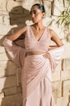 Buy_J By Jannat_Blush Satin, Chiffon, Organza Embroidery Pink Blouse And Pre-draped Saree Set 