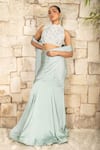 J By Jannat_Blue Satin, Chiffon, Shantoon, Organza Grayish Pre-draped Saree And Blouse Set _Online_at_Aza_Fashions