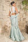 Shop_J By Jannat_Blue Satin, Chiffon, Shantoon, Organza Grayish Pre-draped Saree And Blouse Set _at_Aza_Fashions