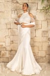 J By Jannat_Ivory Satin, Chiffon, Shantoon Embroidery, Beads Pre-draped Saree And Blouse Set _Online_at_Aza_Fashions