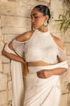 Buy_J By Jannat_Ivory Satin, Chiffon, Shantoon Embroidery, Beads Pre-draped Saree And Blouse Set _Online_at_Aza_Fashions