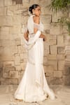 Shop_J By Jannat_Ivory Satin, Chiffon, Shantoon Embroidery, Beads Pre-draped Saree And Blouse Set _at_Aza_Fashions
