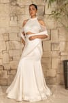 Shop_J By Jannat_Ivory Satin, Chiffon, Shantoon Embroidery, Beads Pre-draped Saree And Blouse Set _Online_at_Aza_Fashions