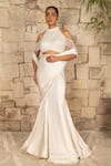 Buy_J By Jannat_Ivory Satin, Chiffon, Shantoon Embroidery, Beads Pre-draped Saree And Blouse Set _at_Aza_Fashions