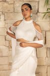 Buy_J By Jannat_Ivory Satin, Chiffon, Shantoon Embroidery, Beads Pre-draped Saree And Blouse Set 