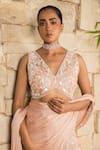 J By Jannat_Peach Satin, Chiffon, Shantoon, Organza Powder Pre-draped Saree And Blouse Set _Online_at_Aza_Fashions