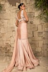 Shop_J By Jannat_Peach Satin, Chiffon, Shantoon, Organza Powder Pre-draped Saree And Blouse Set _at_Aza_Fashions