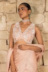 J By Jannat_Peach Satin, Chiffon, Shantoon, Organza Powder Pre-draped Saree And Blouse Set _at_Aza_Fashions