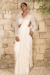 Buy_J By Jannat_Ivory Satin, Chiffon, Organza Embroidery V-neck Pre-stitched Saree And Blouse Set _at_Aza_Fashions