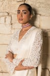 J By Jannat_Ivory Satin, Chiffon, Organza Embroidery V-neck Pre-stitched Saree And Blouse Set _at_Aza_Fashions