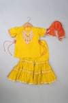 Buy_Lil Angels_Yellow Silk Embroidery, Zari Mustard Knot Sharara Set _at_Aza_Fashions