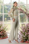 Shop_Parul And Preyanka_Green Silk Organza, Crepe Lace, Pearls, Crystals Designer Applique Co-ord Set _Online_at_Aza_Fashions