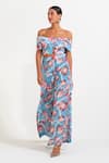 Buy_Nautanky_Sky Blue Crepe Off-shoulder Floral Print Corset And Pant Set _at_Aza_Fashions