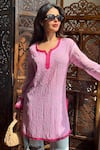 Label Aishwaryrika_Pink Georgette Embroidery Round Neck Flora Rose Chikankari Short Kurta _Online_at_Aza_Fashions