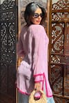 Shop_Label Aishwaryrika_Pink Georgette Embroidery Round Neck Flora Rose Chikankari Short Kurta _at_Aza_Fashions