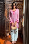 Buy_Label Aishwaryrika_Pink Georgette Embroidery Round Neck Flora Rose Chikankari Short Kurta _at_Aza_Fashions