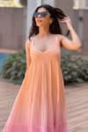 Shop_Label Aishwaryrika_Peach Georgette Embroidery V-neck Ombre Chikankari Maxi Dress _at_Aza_Fashions