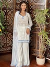 Buy_Label Aishwaryrika_White Georgette Embroidery, Lace Round Neck Short Chikankari Kurta Set _Online_at_Aza_Fashions