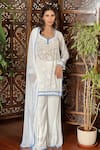 Buy_Label Aishwaryrika_White Georgette Embroidery, Lace Round Neck Short Chikankari Kurta Set _at_Aza_Fashions
