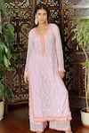 Shop_Label Aishwaryrika_Pink Georgette Embroidery V-neck Chikankari Lace Kurta Set _at_Aza_Fashions