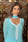 Label Aishwaryrika_Blue Georgette Embroidery Round Neck Opal Sky Chikankari Lace Kurta Set _at_Aza_Fashions