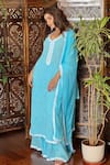 Shop_Label Aishwaryrika_Blue Georgette Embroidery Round Neck Opal Sky Chikankari Lace Kurta Set _at_Aza_Fashions