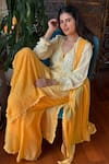 Label Aishwaryrika_Yellow Georgette Embroidery Round Neck Sunshine Chikankari Lace Kurta Set _at_Aza_Fashions