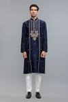 Shop_Rohit Bal_Blue Chanderi Embroidery Indigo Kurta Set _at_Aza_Fashions