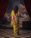 Studio 113_Yellow Satin, Silk Floral Print Saree _at_Aza_Fashions