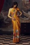 Shop_Studio 113_Orange Satin, Silk Designer Floral Saree _Online_at_Aza_Fashions