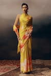 Buy_Studio 113_Yellow Satin, Silk Floral Print Saree _at_Aza_Fashions