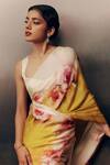 Studio 113_Yellow Satin, Silk Floral Print Saree _Online_at_Aza_Fashions