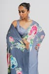 Studio 113_Gray Satin, Silk Floral Designer Saree _Online_at_Aza_Fashions
