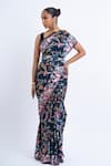 Studio 113_Navy Satin, Silk Embroidery Floral Print Saree _Online_at_Aza_Fashions
