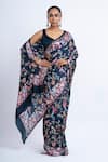 Buy_Studio 113_Navy Satin, Silk Embroidery Floral Print Saree _at_Aza_Fashions