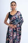 Shop_Studio 113_Navy Satin, Silk Embroidery Floral Print Saree _Online_at_Aza_Fashions