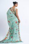Shop_Studio 113_Blue Satin, Silk Embroidery Floral Print Saree _at_Aza_Fashions