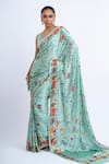 Buy_Studio 113_Blue Satin, Silk Embroidery Floral Print Saree _at_Aza_Fashions