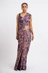 Studio 113_Purple Satin, Silk Embroidery Floral Designer Saree _Online_at_Aza_Fashions