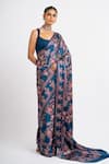Buy_Studio 113_Blue Satin, Silk Embroidery Prussian Floral Saree _at_Aza_Fashions