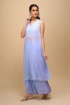 Samyukta Singhania_Sky Blue Chiffon V-neck Printed Anarkali And Pant Set _Online_at_Aza_Fashions