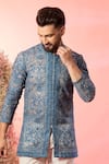 Kasbah_Blue Georgette Embroidery Chikankari Open Front Kurta _Online_at_Aza_Fashions