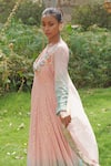 Soniya G_Blush Chiffon, Georgette, Silk Embroidery V-neck Pink Ombre Anarakali Set _Online_at_Aza_Fashions