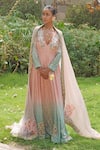 Buy_Soniya G_Blush Chiffon, Georgette, Silk Embroidery V-neck Pink Ombre Anarakali Set _at_Aza_Fashions