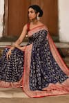 Shop_Naaritva India_Navy Crepe, Silk, Chiffon Blue Handwoven Banarasi Saree With Running Blouse _Online_at_Aza_Fashions