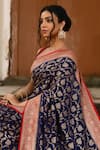 Naaritva India_Navy Crepe, Silk, Chiffon Blue Handwoven Banarasi Saree With Running Blouse _at_Aza_Fashions